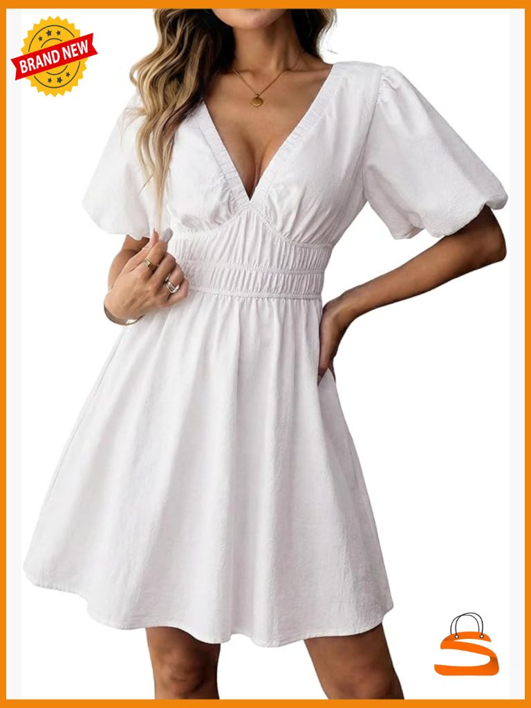 Smocked Mini Dress With Pockets - Deep V Neck Puff Sleeve